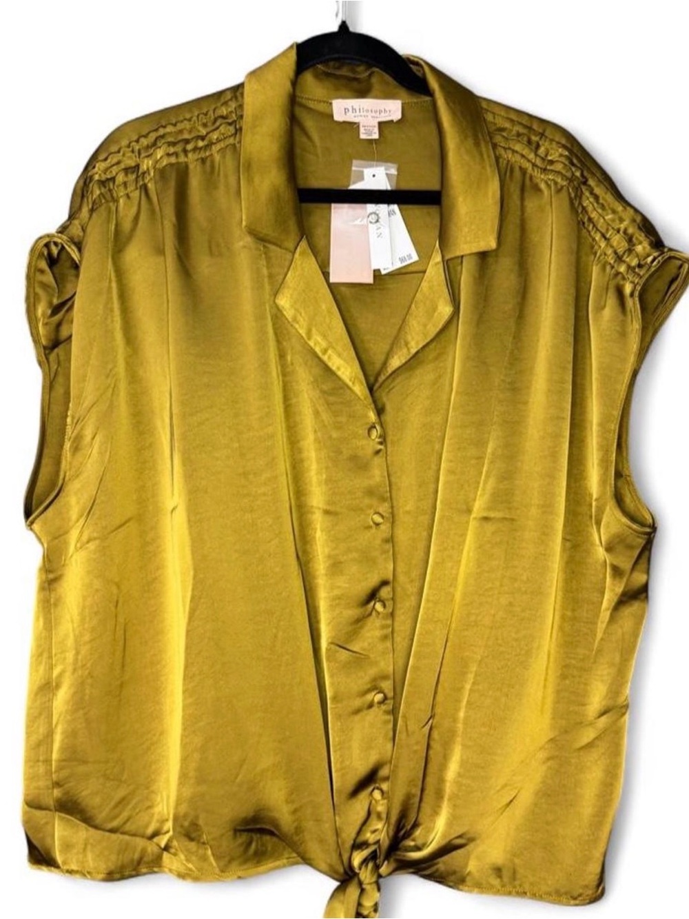 Philosophy Mustard Satin Button-Front Tie Hem Blouse